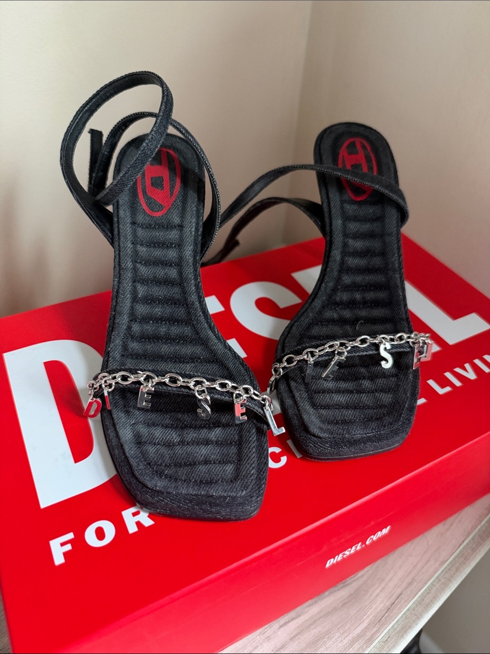 Diesel Black Strappy Chain-Embellished Heels